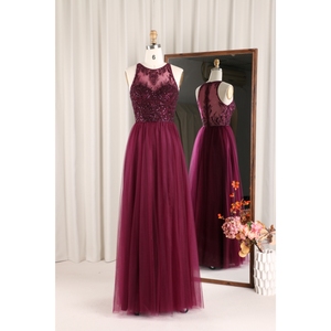 红色优雅点缀伴娘长裙缎子a线勺领口褶状裙边蕾丝珠饰亮片加尺码红色 - Product Image 1