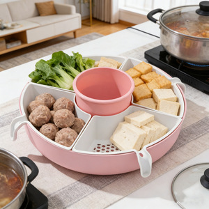 Rotating Compartmentalized Hot Pot Tray With <b>Drain</b> <b>Basket</b> Multifunctional Serving Dish For Home Use Pink White Gray Orange - Product Image 1