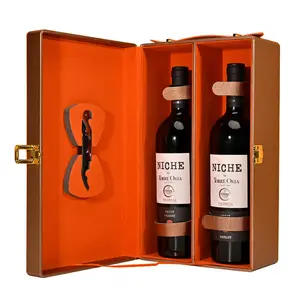 Custom Logo Hot Stamped Special For Wine Package Available Pu Leather Wooden Double Red Wine Packaging Box With Handle
