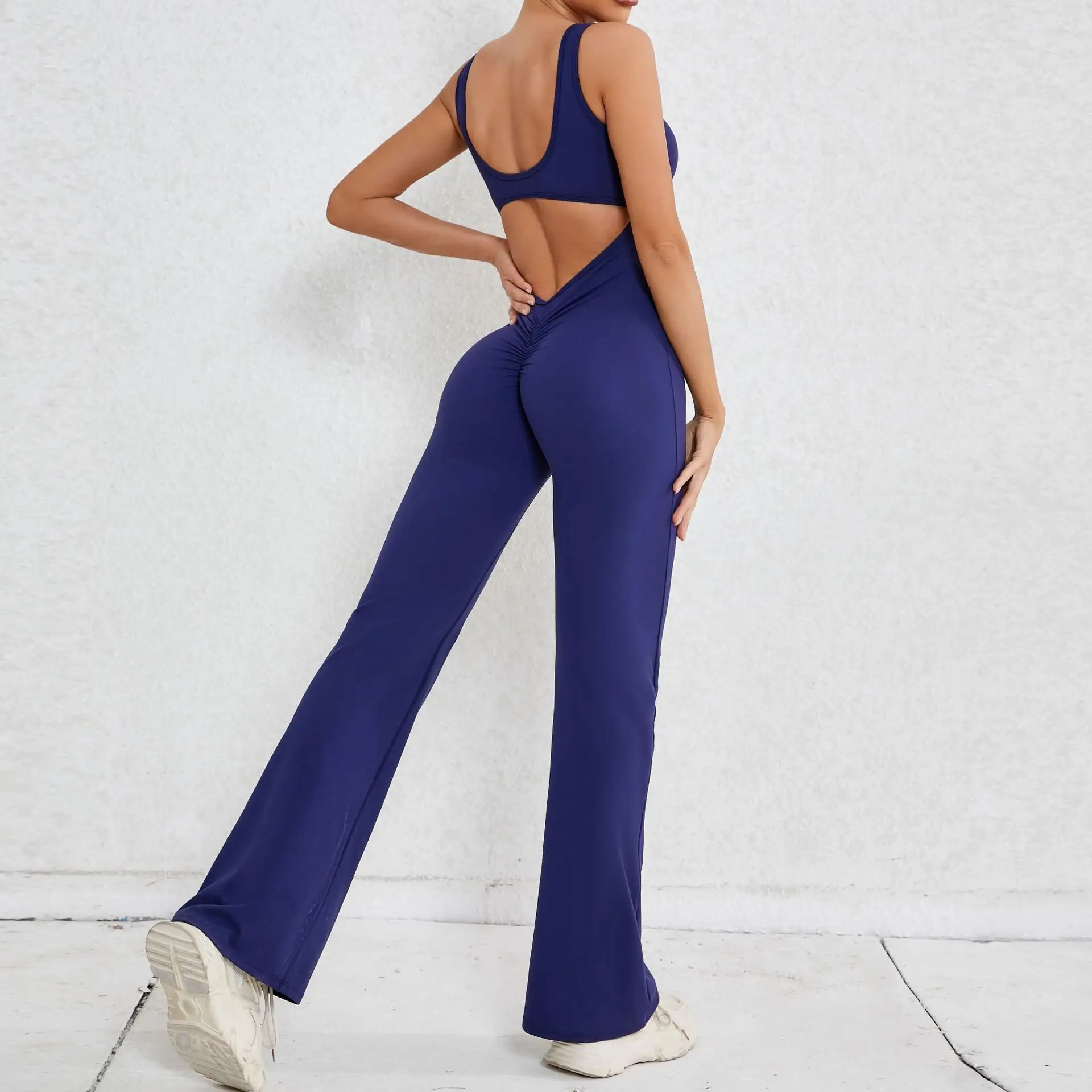 Full Length Scrunch Butt One Piece Flare Yoga Workout Jumpsuit for Women
