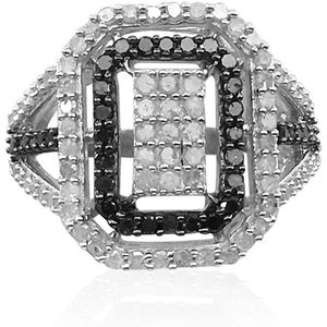 Anillo de compromiso con halo rectangular de diamantes blancos y negros, plata de ley, color G H, corte redondo, joyería para mujer - Product Image 1
