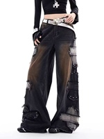 Pantalon en jean déchiré coupe large style rock punk pour femme, nouveau design tendance, taille haute, ample et fluide, jambe droite, longueur ras du sol