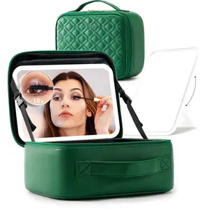 Makeup Bag with Mirror Led Light Detachable Portable Make up Travel Train Case with Adjustable Dividers Travel Cosmetic Bag