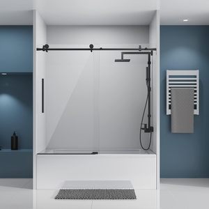 <span class=keywords><strong>Porte</strong></span> de douche en verre trempé pour <span class=keywords><strong>baignoire</strong></span> <span class=keywords><strong>avec</strong></span> cadre en acier inoxydable noir, quincaillerie coulissante, charnières, ensemble pour l'enclos de salle de bain d'hôtel - Product Image 1