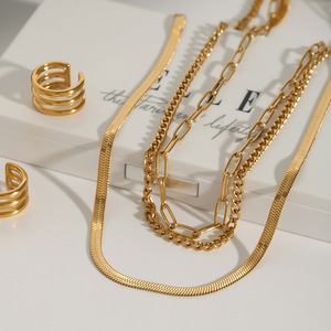 Layered Gold Stainless Steel Chain Necklace Geometric Multi Layer Fashion Jewelry for Women - Product Image 1