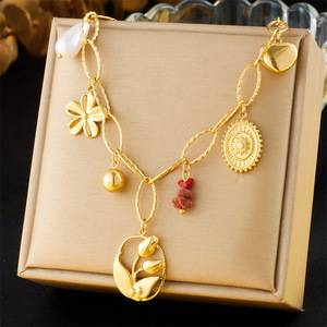 Gold Plated Stainless Steel Flower Oval Pendant Chain Necklace For Party Fashion Jewelry - Product Image 1
