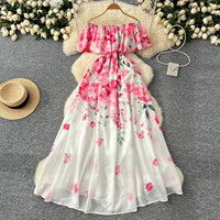 Robe décontractée pour femme à imprimé floral, épaules dénudées, coupe trapèze, taille élastiquée à volants, fendue, longue, idéale pour les vacances à la plage ou le quotidien