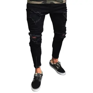 Cross-border jeans pantalones elásticos rasgados para hombre, novedad, negro