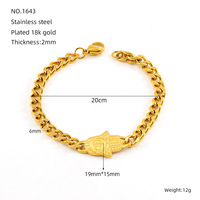 Bracelet chaîne gourmette cubaine vintage en acier inoxydable avec ancre et breloque main Hamsa plaqué or 18 carats