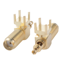 Connecteur RF SMA femelle à angle droit 4 broches pour montage sur circuit imprimé, 50 ohms, en cuivre pur plaqué or, pour câble coaxial 1.13, conforme RoHS