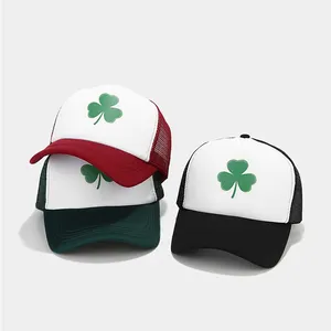 New Custom Headwear 3 Leaf Clover Shamrock Breathable Trucker Mesh Hat Printing Clover Pattern Cap