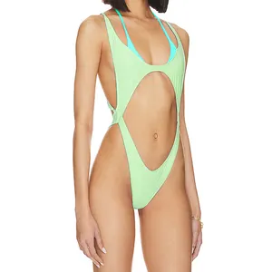 Últimas Design Cordas Meninas Swimwear Uma Peça Recorte De Cintura Alta Bikini Backless Sólidos Trajes De Banho Para Mulheres Com Logotipo Personalizado