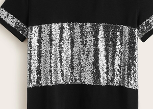 Top qualità con pannello di <span class=keywords><strong>paillettes</strong></span> twin Top T Shirt Top <span class=keywords><strong>paillettes</strong></span> girocollo elasticizzato Casual nero <span class=keywords><strong>paillettes</strong></span> T-Shirt da donna - Product Image 2