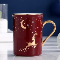 Mug à café en céramique dorée de style nordique avec motif de rennes, de lune et d'étoiles, poignée dorée, 400 ml + couvercle, cuillère, passe au lave-vaisselle, grande capacité