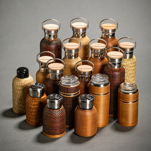 Handmade Bamboo Vintage Woven Travel Mug Hot Water Bottle Kettle Rattan Plastic Drinkware