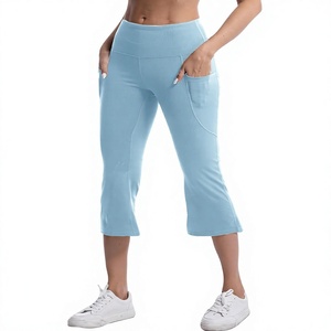 Mid Waist Flare Yoga Capri Pants for Women Quick Dry Four-Way Stretch Eco-Friendly Bootcut Workout <b>Leggings</b> Drawstring OEM ODM - Product Image 2