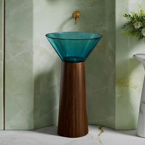 Lavandini in resina colorata di cristallo e grana di legno in <span class=keywords><strong>acciaio</strong></span> inossidabile combinazione di piedistallo Free Standing Art <span class=keywords><strong>lavandino</strong></span> <span class=keywords><strong>bagno</strong></span> lavabo - Product Image 2