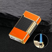 Briquet à cigares classique moderne en métal, double flamme réglable, coupe-vent, flamme jet, avec logo, coffret cadeau en acier pour fêtes