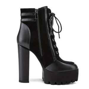 Front Lace up <b>Round</b> <b>Toe</b> Short Booties Women Side Zipper Ankle Boots Metal Buckles Chunky <b>Heels</b> Shoes - Product Image 5