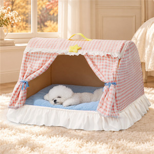 Tente pour animaux de compagnie en gingham rose avec volants décoratifs, <span class=keywords><strong>lit</strong></span>-cave pour chien et chat, coussin, abri intérieur pour petits animaux, <span class=keywords><strong>lit</strong></span> chaud pour chat et chien - Product Image 2