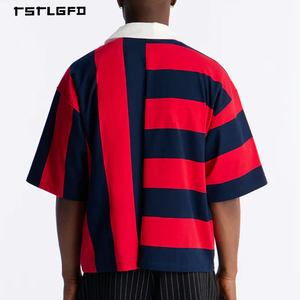 Camisetas Polo Personalizadas al por Mayor con Estampado de Verano en Bloques de Color, OEM/ODM, Rojas y Azul Marino con Rayas Gráficas para Hombre - Product Image 2