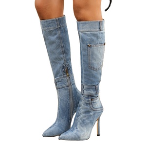 Women's Denim Peep Toe Ankle Boots - Stiletto Heel With Studded Buttons Sky Blue