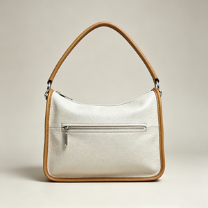 <b>Cream</b> Pebbled Leather Shoulder Bag, Tan Contrast Trim Top Handle Front Zipper Pocket Casual <b>Handbag</b> - Product Image 4