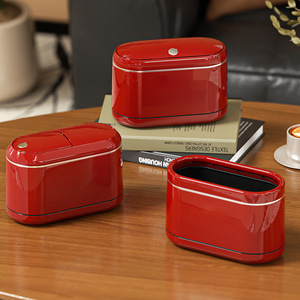 Mini Desktop Trash Can Oval Red Space Saving Indoor Waste Bin For Home Office Bedroom - Product Image 1