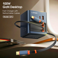 Cargador Rápido de Escritorio LDNIO Q16 100W GaN con Cables Retráctiles Dobles de 80cm, PD3.0, QC5, PPS, Multiprotocolo para Teléfonos
