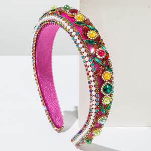 Diadema de terciopelo ancha con perlas de lujo y pedrería, banda para el cabello con cuentas de cristal de colores, accesorios llamativos para el cabello de mujer al por mayor - Product Image 5