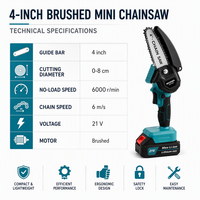 Scie à chaîne portable 4 pouces 20V rechargeable avec moteur sans balais, mini-tronçonneuse manuelle, outil de coupe de bois, largeur de coupe maximale 8cm, rapide