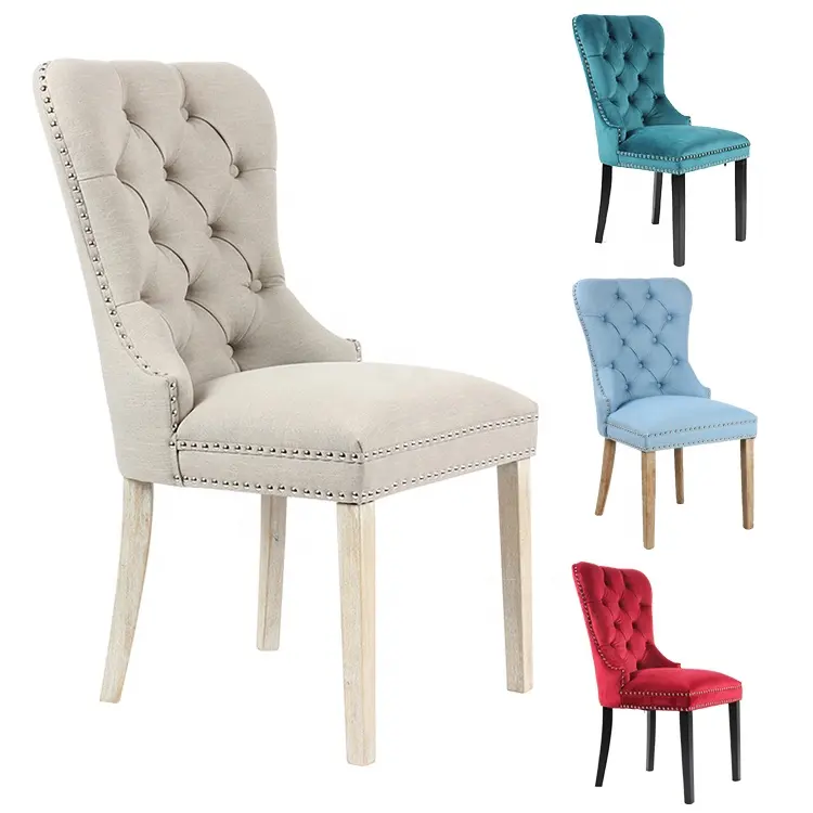 Modern Dining Room Furniture Linen Fabric Tufted Upholstered Ring Back Dining Chair