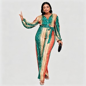 <span class=keywords><strong>Tuta</strong></span> <span class=keywords><strong>Elegante</strong></span> da Donna Taglie Forti con Stampa, Maniche Lunghe, Scollo <span class=keywords><strong>a</strong></span> V, Cintura e Gamba Larga, Ideale per Ogni Giorno, Feste e Serate - Product Image 2