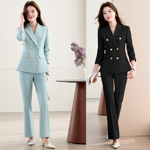 Women's Double Breasted Suit Set Full Sleeve Anti-Wrinkle Office Lady Commuting Work Wear - Product Image 1