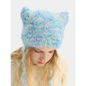 Frauen niedlichen Katzen ohr Strick mütze Winter weiches Garn quadratisches Gesicht abnehmen kalte Kappe bunte Punkt Krawatte stilvolle Bild Stoff - Product Image 1