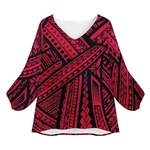 Şifon bluz kırmızı polinezya tribal tasarım baskı rahat gevşek uzun kollu v yaka gömlek trend 2021 kadın kıyafetleri