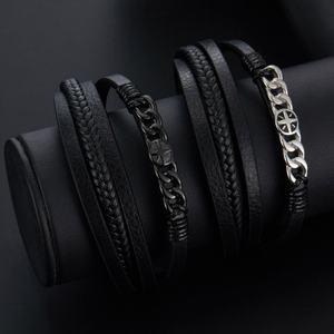 Custom 316l Stainless Steel <b>Men</b> <b>Bracelet</b> Engrave 14k 18k Gold Plated Fashion Multi-layer Leather Braided <b>Bracelet</b> for <b>Men</b> - Product Image 1