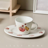 Set Cangkir dan Piring Kopi Keramik Rustic Buatan Tangan dengan Gagang Bermotif Kucing Kartun & Bunga untuk Teh Sore Vintage