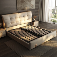 Lit King Size 1,8 m de Luxe Italien avec Rangement, Lit Double Moderne en Cuir Véritable et Cadre en Bois pour Chambre Principale de Mariage