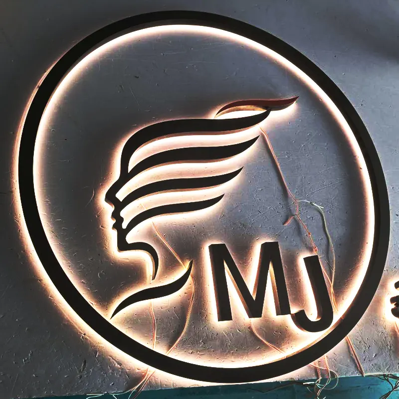 Papan Logo dinding bisnis baja tahan karat lampu belakang Led emas tanda Led untuk toko depan butik