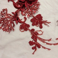 Handcut Bourgogne Couleur 3d Fleur Brodée Perles et Paillettes Maille Dentelle Applique LT2726A