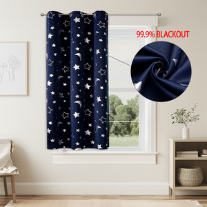 Cortinas Opacas con Estampado de Estrellas y Luna, Azul Marino, Poliéster, para Dormitorio, Sala de Estar, Protección Solar - Product Image 1