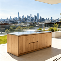 Meuble de cuisine d'extérieur moderne résistant aux intempéries, îlot de cuisine sans cadre ni poignée, évier sous plan en acier inoxydable 304, robinet inclus