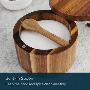 Salero de Madera de Acacia con Cuchara Integrada, Contenedor de Sal para Cocina con Tapa Magnética Giratoria - Product Image 4