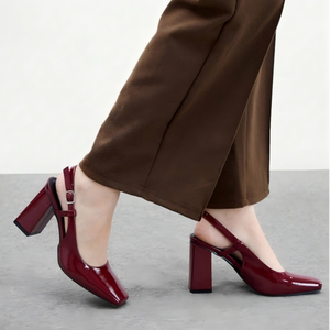 Escarpins à talon carré bordeaux en cuir verni avec bride arrière et bride de cheville pour femme - Evergreen Outdoor <span class=keywords><strong>Sexy</strong></span> - Product Image 3
