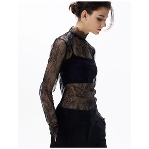 Camicia <span class=keywords><strong>Nera</strong></span> 2026 in Poliestere con Base in Pizzo, Vestibilità Slim, Trasparente, Sexy, con Strati di <span class=keywords><strong>Tulle</strong></span>, Maniche Lunghe e Collo Semi-Alto - Product Image 2