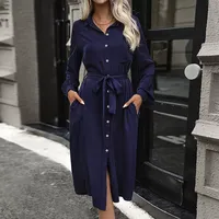 Robe chemise en viscose à manches longues, coupe ajustée, couleur unie, style décontracté pour le quotidien, disponible en bleu marine et noir, vente en gros avec faible MOQ