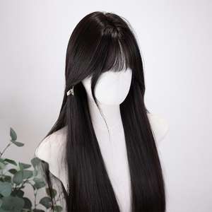 Peluca natural de cabello largo y liso con flequillo lateral, fibra Kanekalon, encaje transparente para mujer - Product Image 1