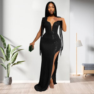 เดรสใหม่มาแรง เซ็กซี่ แขนกุด คอวี แต่งพู่ ผ่าสูง ทรงเข้ารูป เปิดหลัง แฟชั่นสำหรับผู้หญิง - Product Image 2