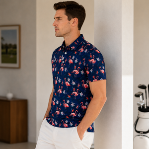 Polo de Manga Corta con Estampado de Flamencos Azul Marino para Hombre, Ropa de Golf Informal, Tejida, Transpirable y de Alto Rendimiento - Product Image 2